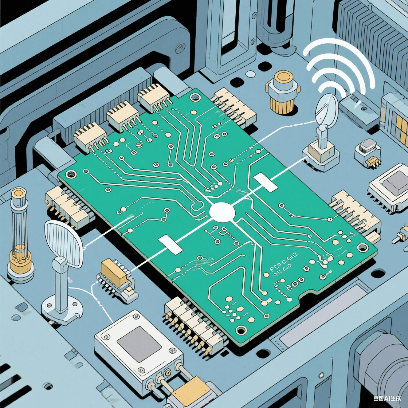 高頻通信設備中 PCB 陶瓷電路板的工作示意圖，顯示電路板上的高頻信號傳輸路徑，周圍有微波器件、天線等元件
