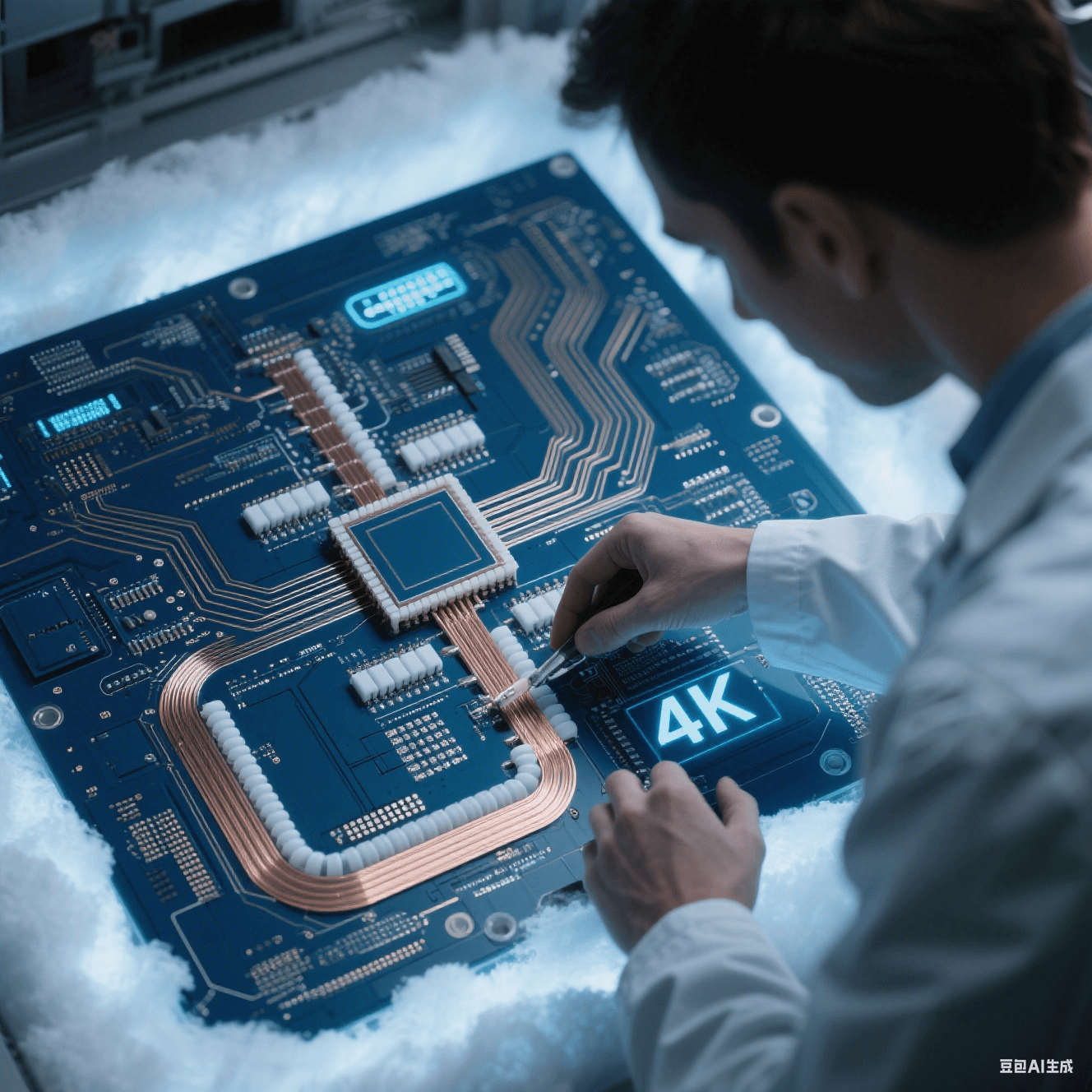 量子計(jì)算高速電路板在 4K 低溫環(huán)境下，采用聚酰亞胺基覆銅板和陶瓷填充 PTFE 材料進(jìn)行超導(dǎo)傳輸線設(shè)計(jì)