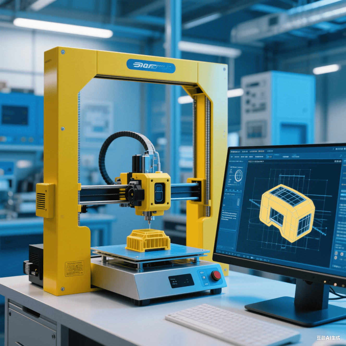 智能駕駛傳感器實驗室中 3D 打印機打印傳感器外殼模型，電腦屏幕顯示設(shè)計圖紙
