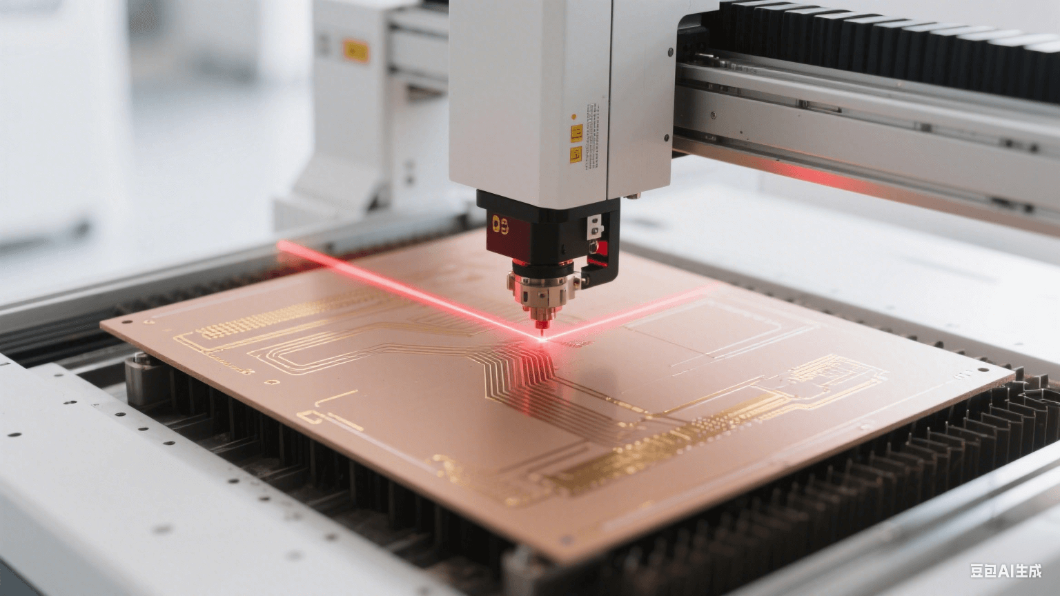 毫米波 PCB 制造場景：激光直繪設備用紅色激光加工淺棕色板材，表面有亮金色銅質線路
