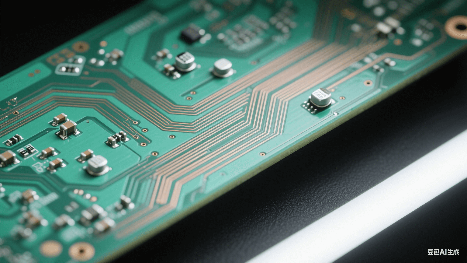 高性能計算芯片 PCB 板細節：淡綠色板體布滿纖細銅色差分傳輸線（轉折平滑）