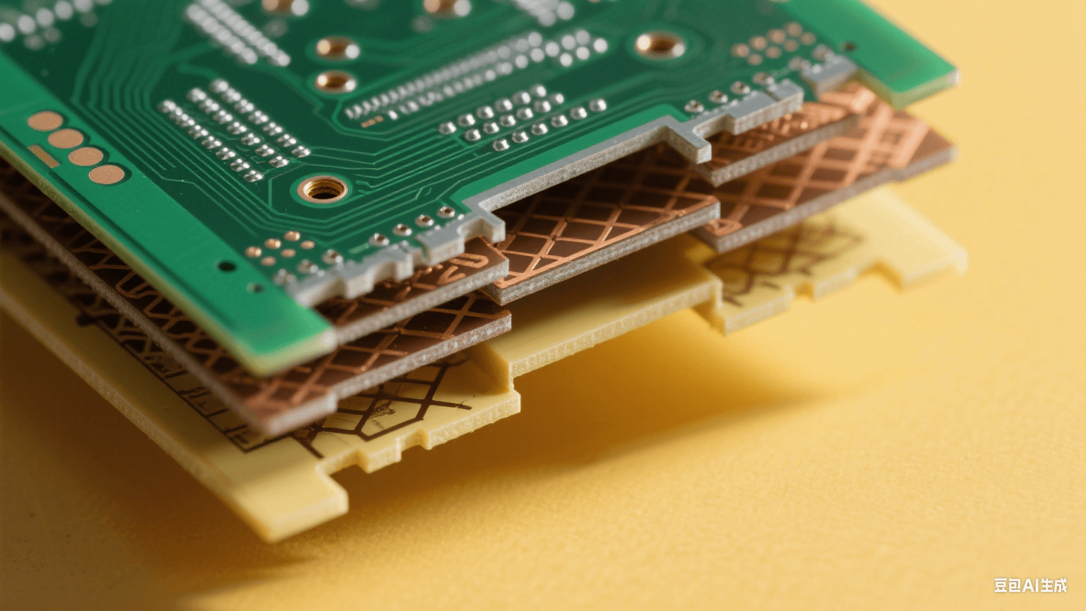 45° 傾斜多層 PCB，頂層深綠基板有 0.1mm 微孔（銀灰色金屬孔壁），中間層棕色半固化片埋孔與交錯銅箔網格，底層淺黃 FR-4 形成色彩對比，左側暖黃側光在層間投細長陰影
