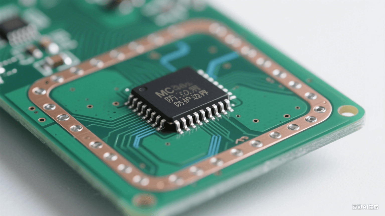 設計階段靜電防護：深綠色 PCB 邊緣有裸銅防護環與接地過孔，中央芯片引腳與銅皮間距大，短直銀線接地面泛淡藍光，冷白光照射顯精密